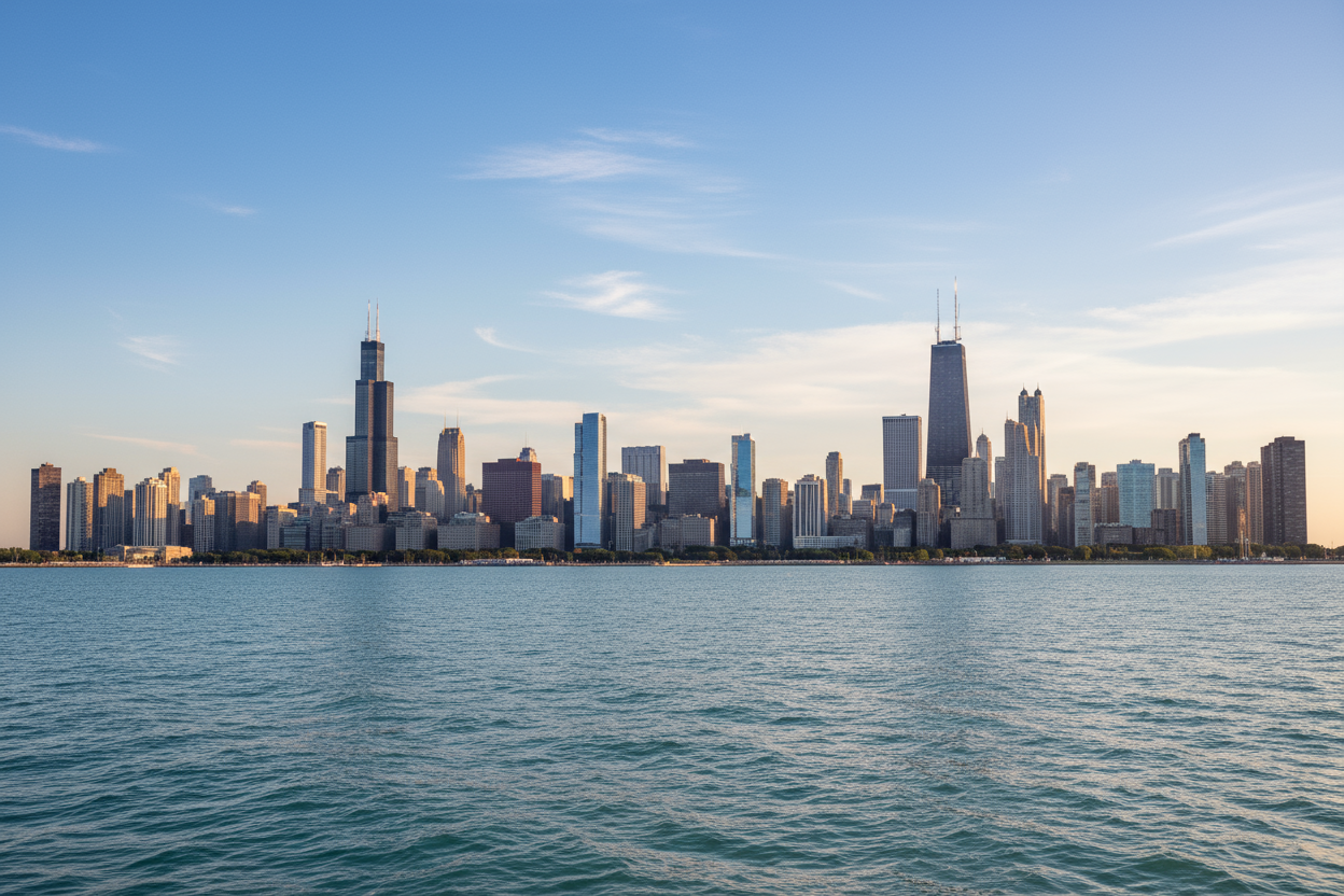 chicago skyline from out over lake michigan